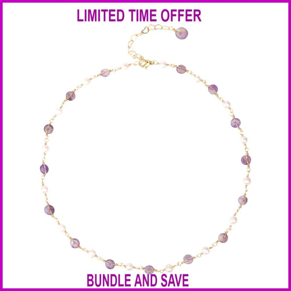 14K Gold Plated Amethyst Pearl Necklace, Adjustable Chain, Gift Ready